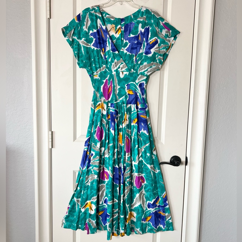 Vintage 80s REO Originals Abstract Floral Midi Dress | Union Made USA | Size 14